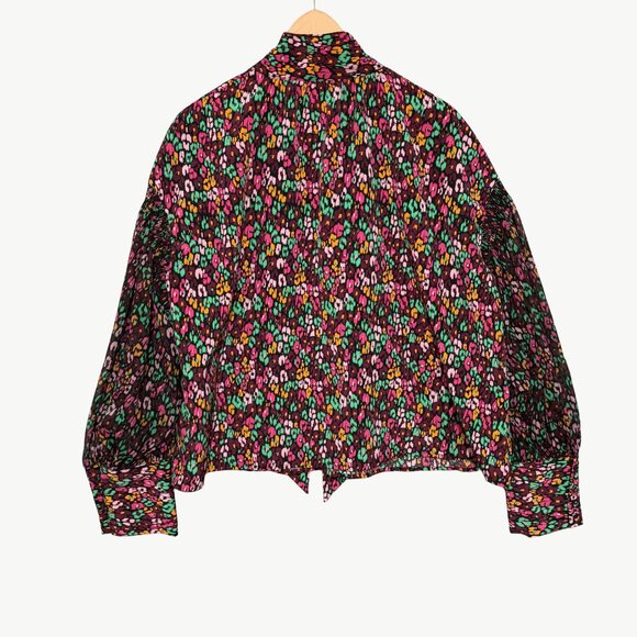 Who What Wear Womens Tie Neck Balloon Sleeve Top XXL Green Pink Abstract Floral - Picture 9 of 10